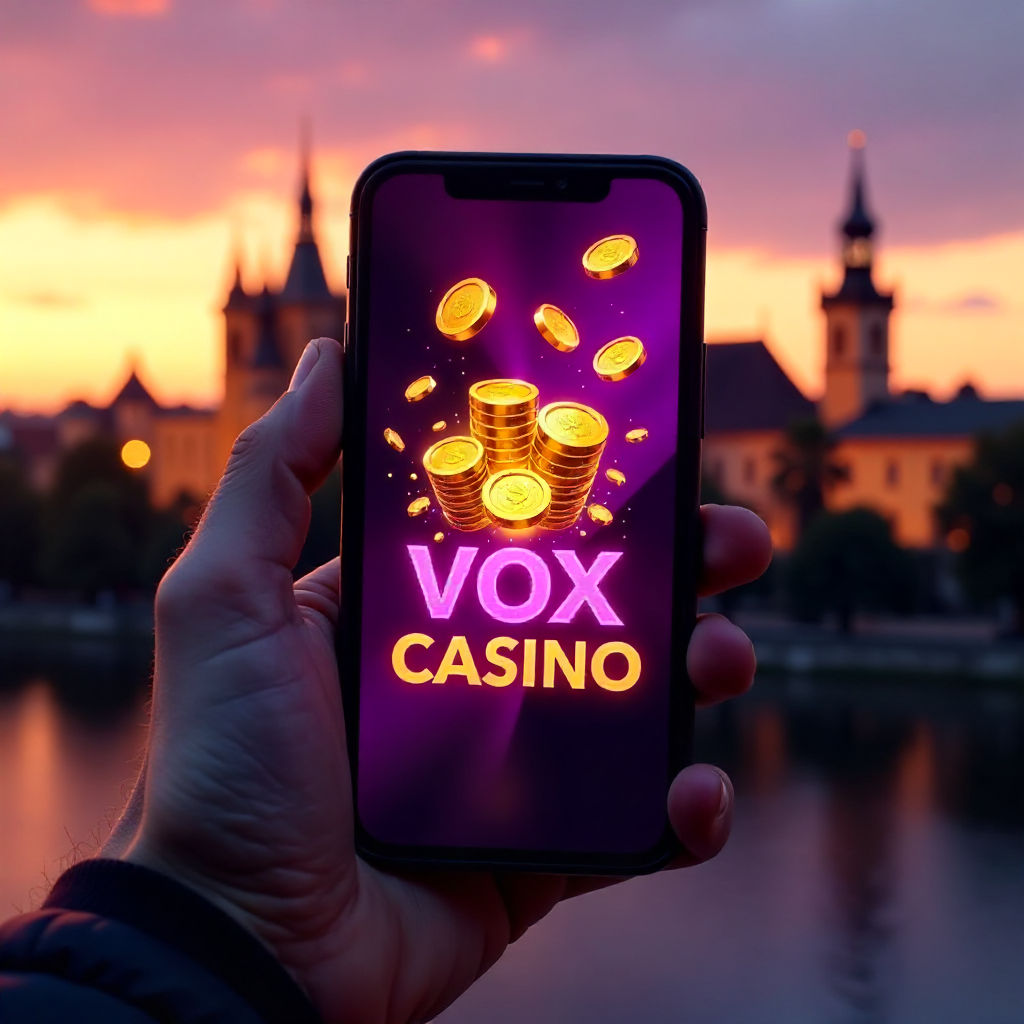 A hand holding a premium smartphone showing Vox Casino app, background featuring the Wawel Royal Castle in Krakow at golden hour, official brand neon purple and deep black colors, 3D golden coins and neon slot symbols flying out of the screen, hyper-reali